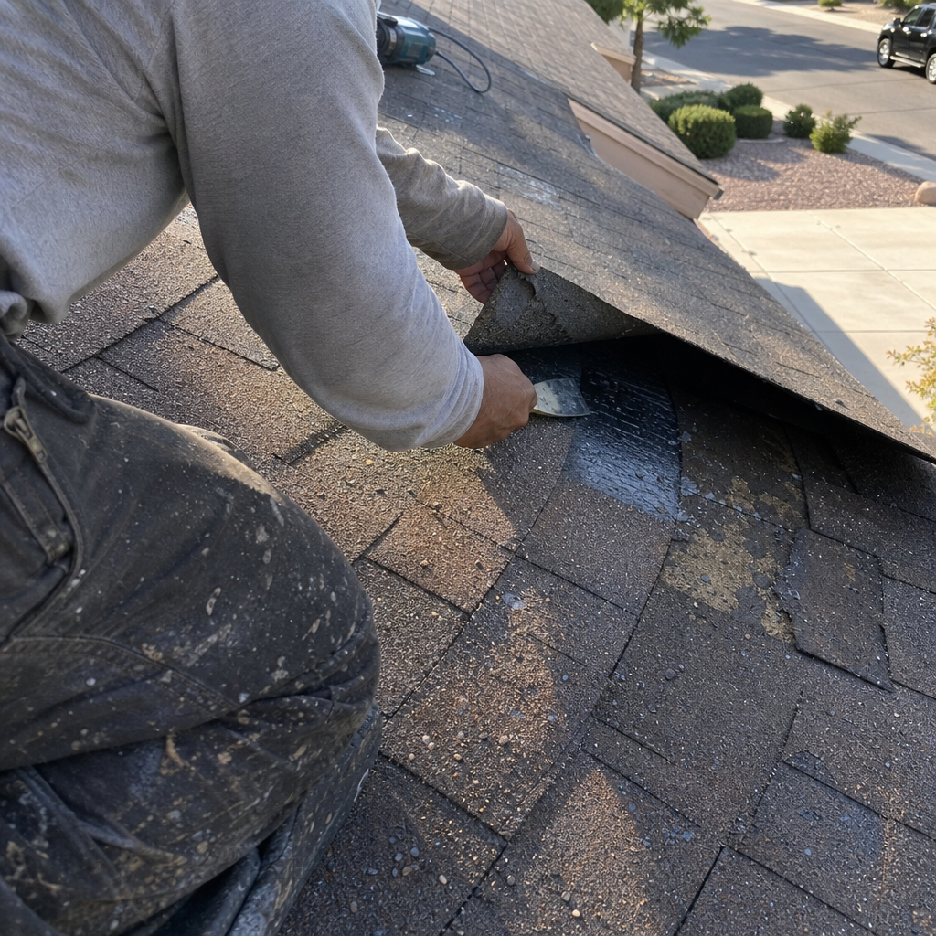 Roofer applying sealant to asphalt shingle roof repair