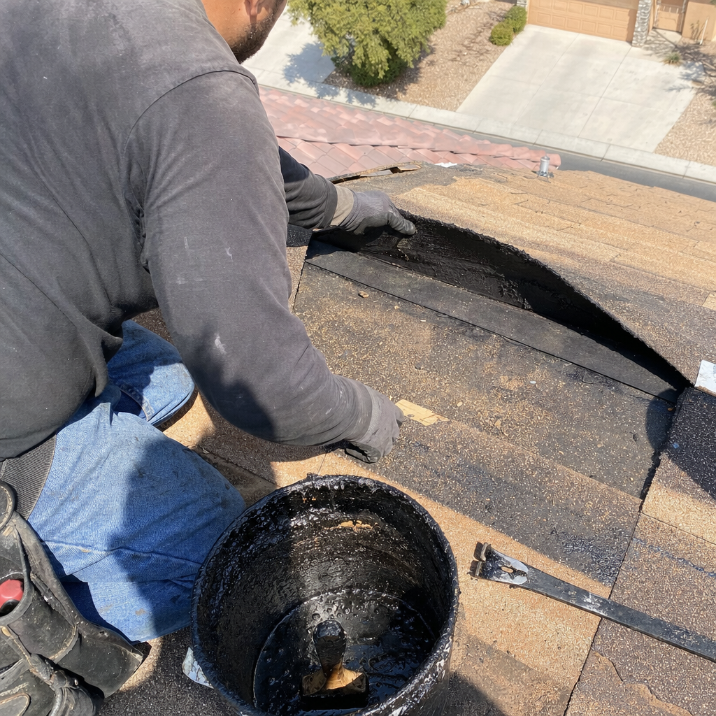 Roofer applying sealant to roof damage