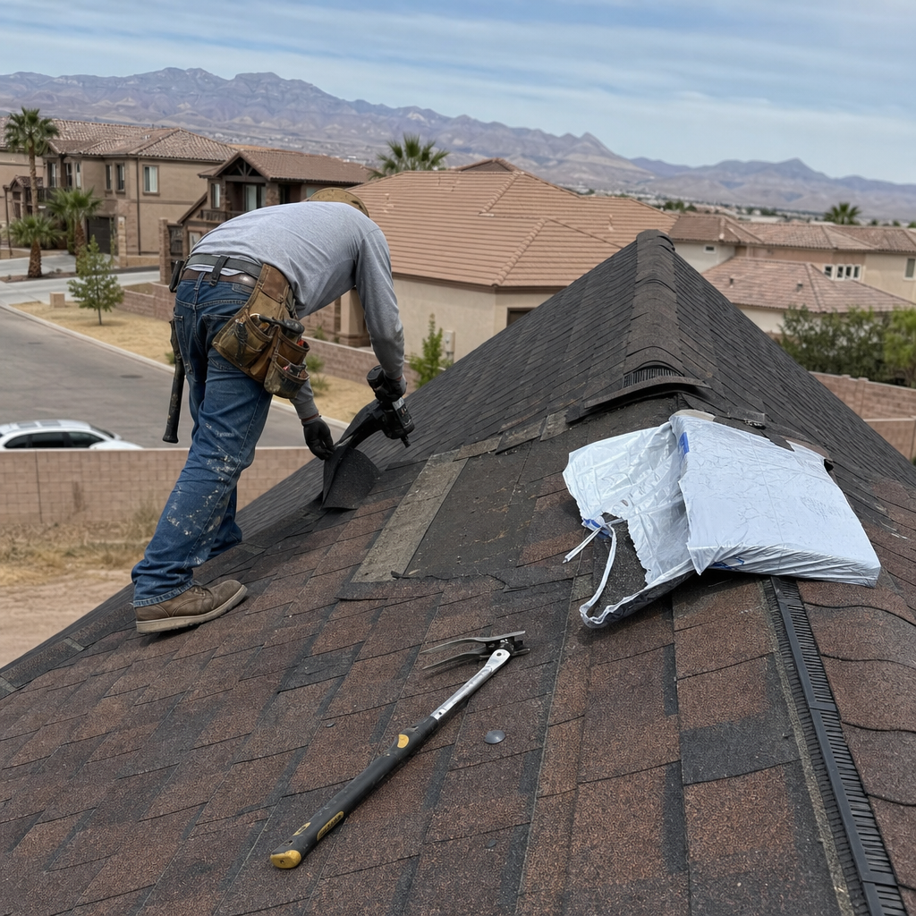 Roofer repairing roof with nail gun and shingles