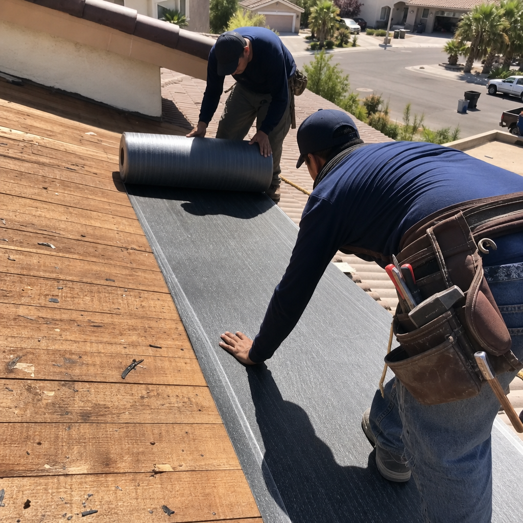 Roofers installing a new roofing membrane during roof replacement and installation.