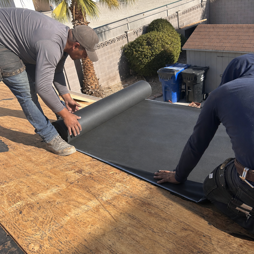 Roofers installing new roofing material on a wooden deck.