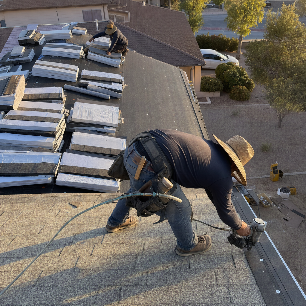 Roofer installing shingles with a nail gun during roof replacement