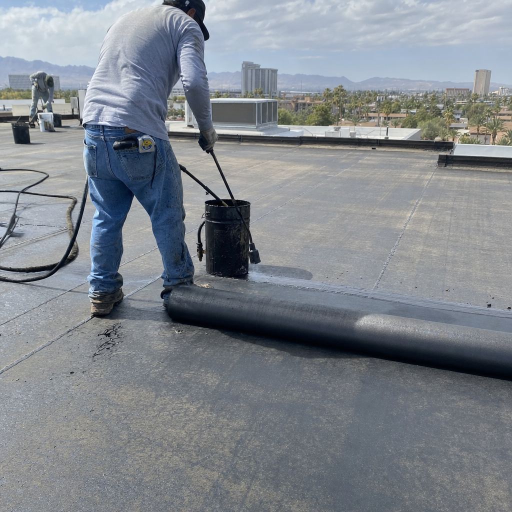 Roofer applies specialty roofing materials to a flat roof surface.
