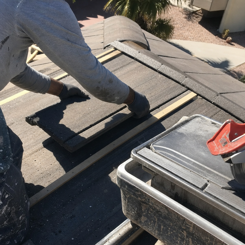 Roofer placing tile on roof with tile saw.