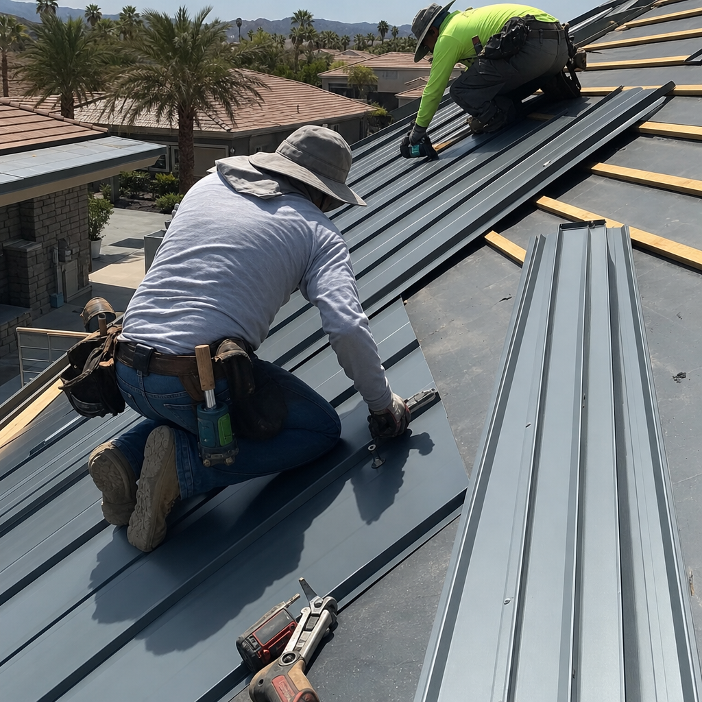 Roofers installing standing seam metal roof panels on a sunny day.