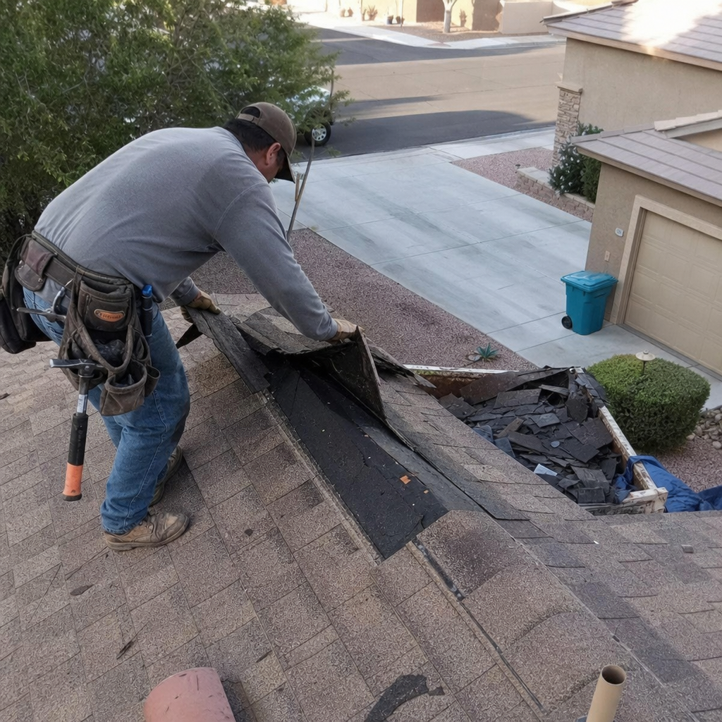 Roofer removing storm damaged shingles from a roof in Spring Valley, NV