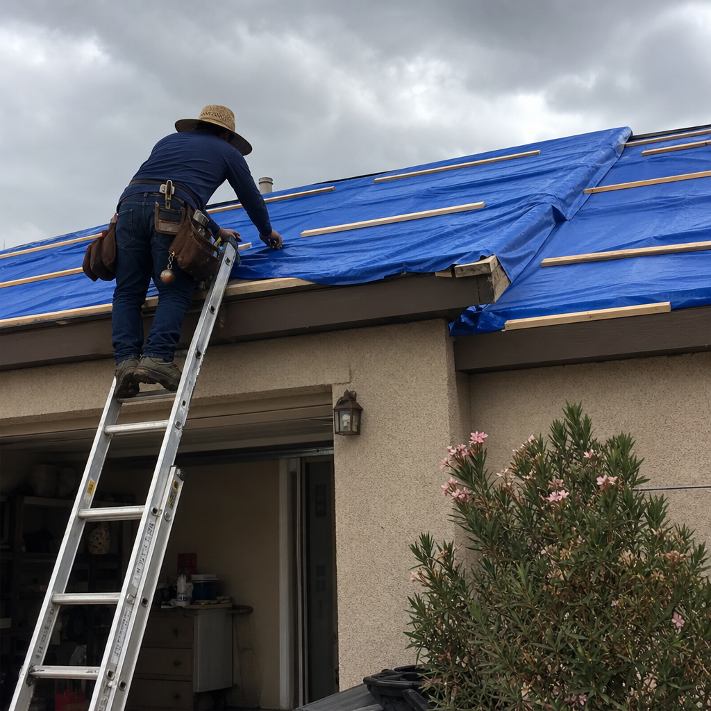 Roofer on ladder repairing storm-damaged roof with blue tarp. in Spring Valley, NV