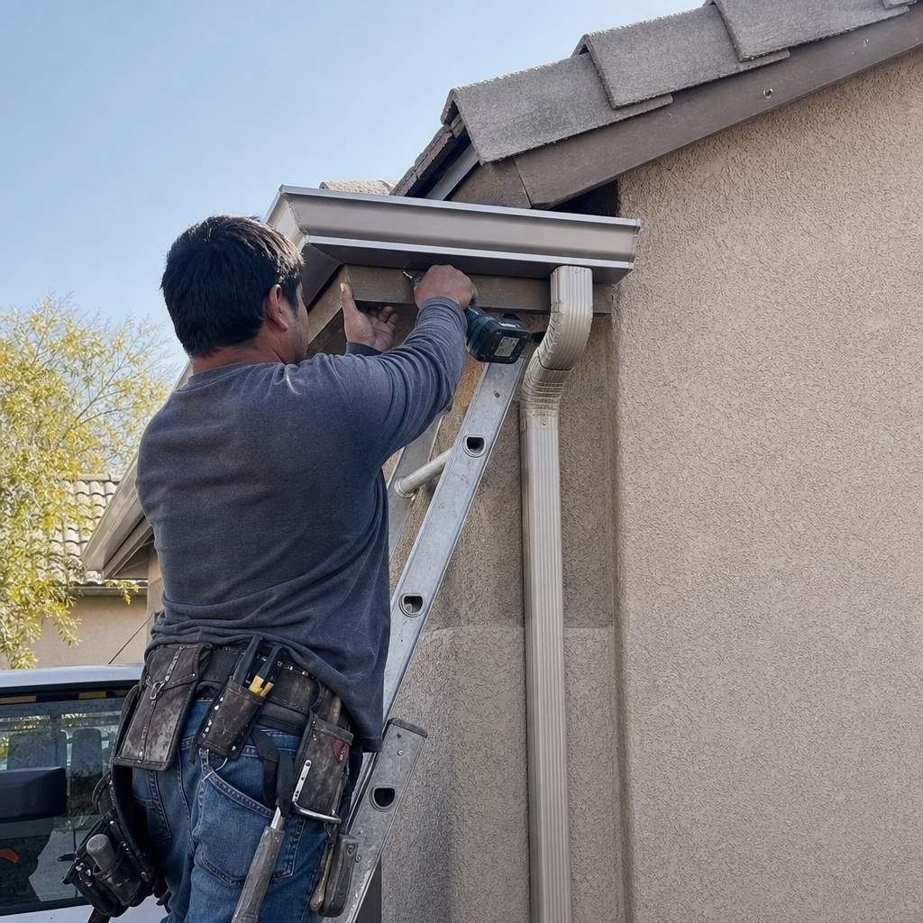 Gutter installation by a professional on a ladder in Spring Valley, NV