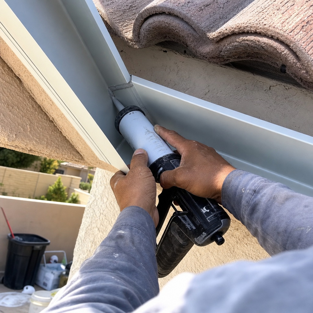 Applying sealant to a gutter with a caulk gun for roofing in Las Vegas, NV