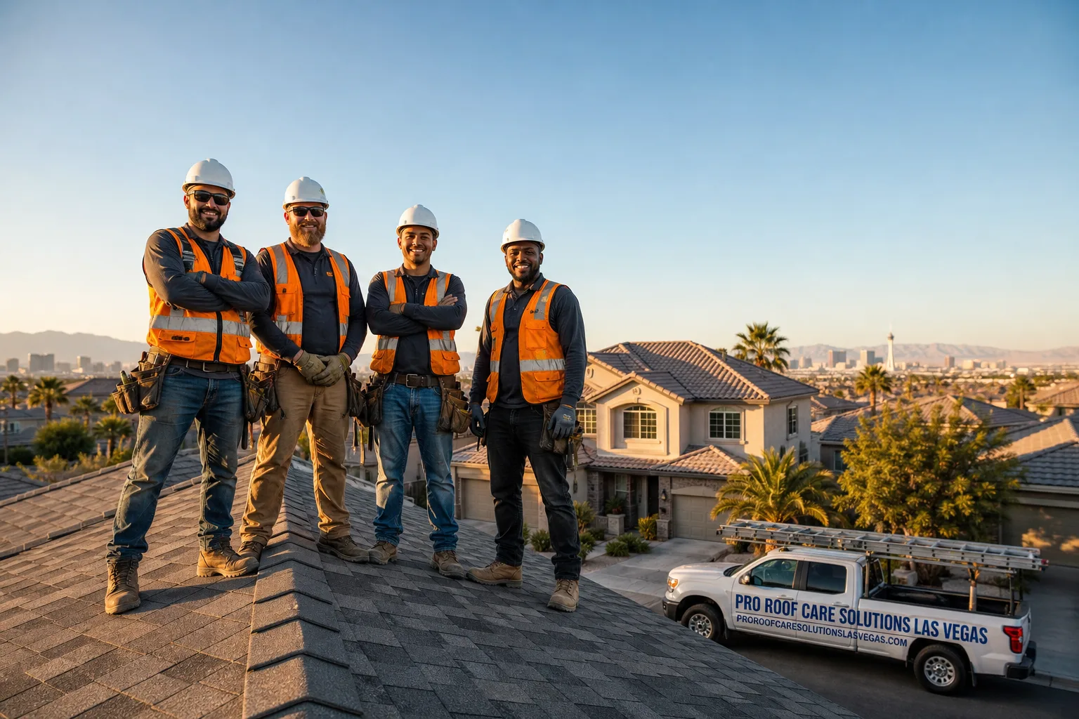 Pro Roof Care Solutions Las Vegas service vehicle and crew in Las Vegas, NV